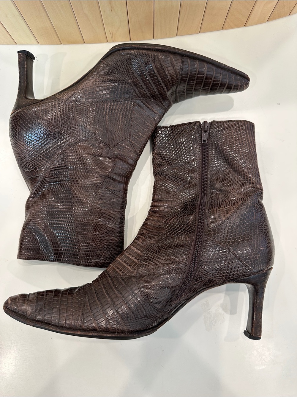 Roberto Botticelli Women Brown Snakeskin Leather Heel Ankle Boots Side Zipper 9